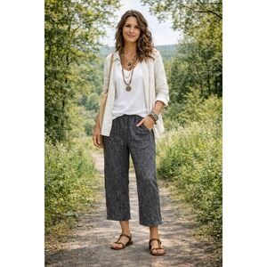 IC By Connie K Pants Womens Medium Gray Black Linen Wide Leg Crop Boho Textured